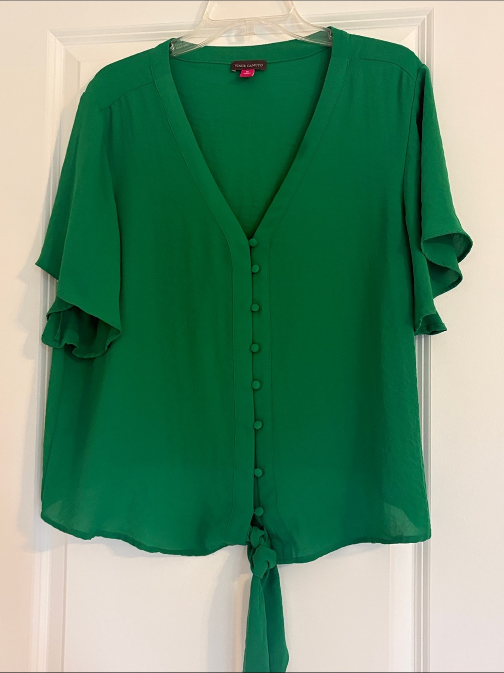 Vince Camuto Green Flutter Sleeve V-neckline Button Front Tie Hem Blouse Size XL